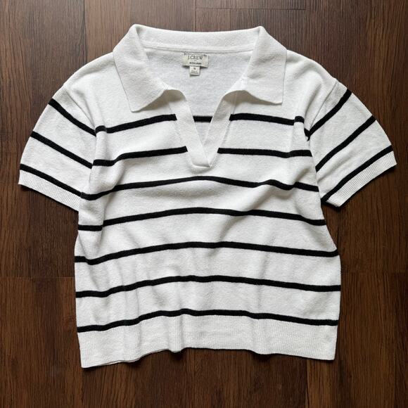 J.Crew Linen Blend Striped Polo Sweater Knit Top White Black Small - Picture 1 of 8